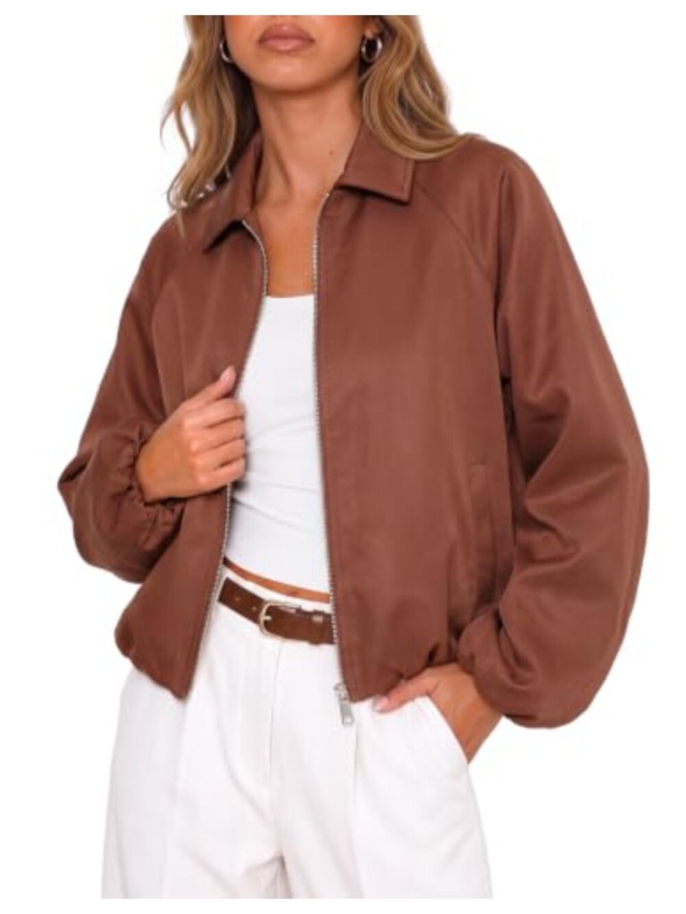 Dokotoo Women's Cropped Bomber Jacket Zip Up Lightweight Fall Coat